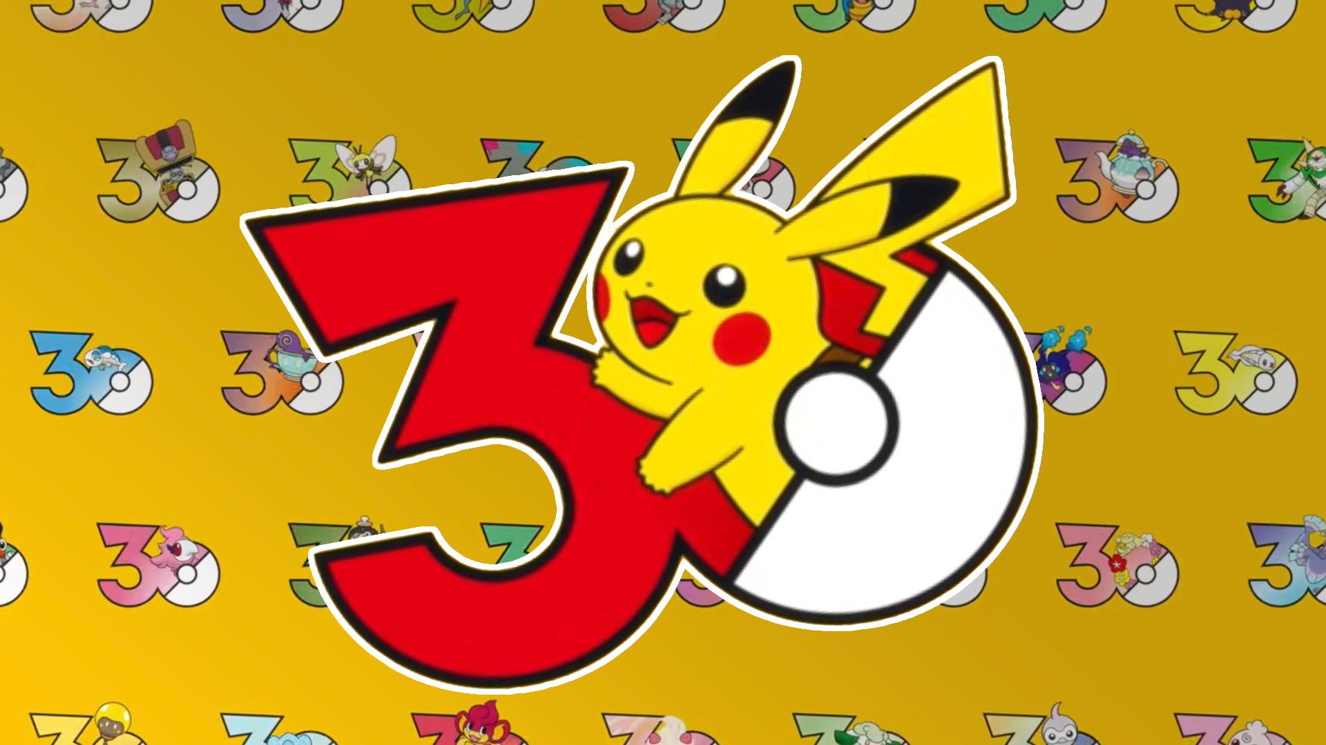 Pokémon 30th anniversary Pikachu logo, overlaid on a golden yellow background of many other, smaller Pokémon-specific 30th anniversary logos.
