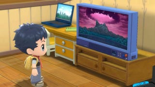 A screenshot of Pokémon Brilliant Diamond and Shining Pearl shows a player character watching TV.