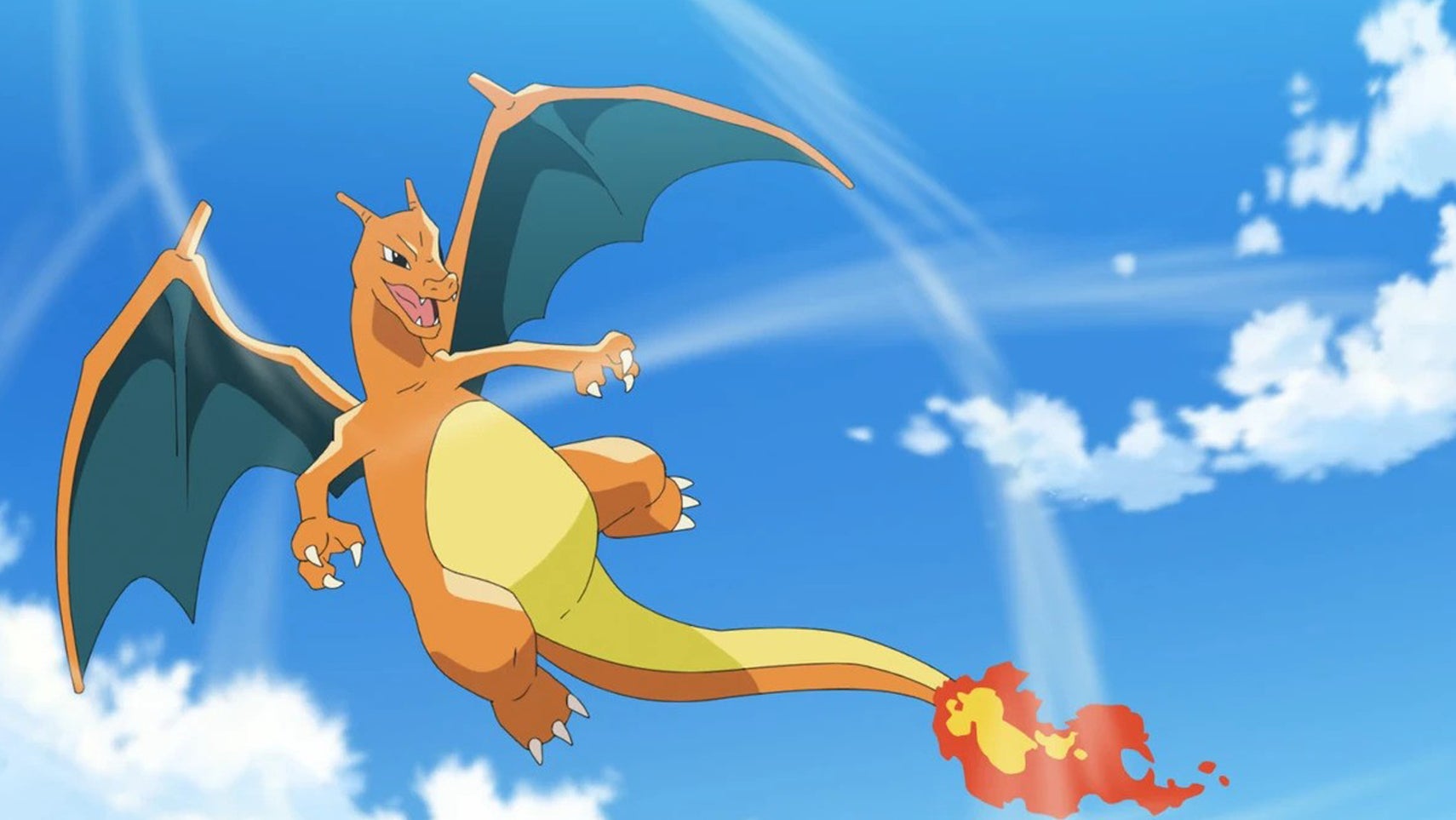 Charizard, a large, orange, dragon-like creature is flying through the air in the Pokemon anime. - 1