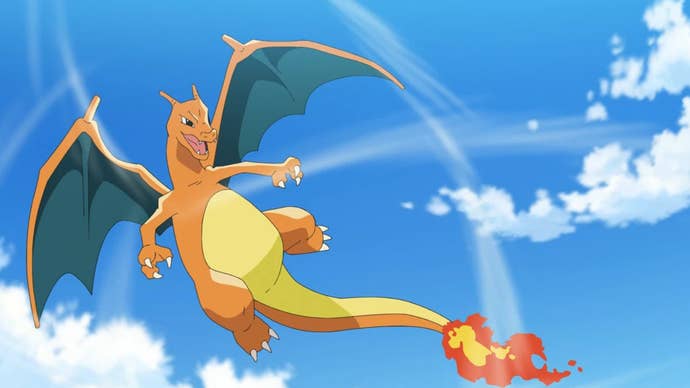 Charizard, a large, orange, dragon-like creature is flying through the air in the Pokemon anime.