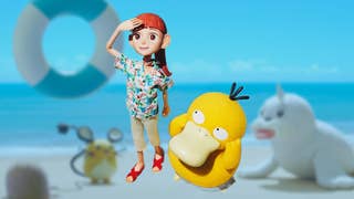 A human woman and a Psyduck over a blurred background of a Dedenne and a Seal in Pokemon Concierge.
