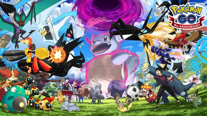 Key art for Pokemon Go’s eigth anniversary showing all manner of Pokemon, including a giant Wartortle in the background.