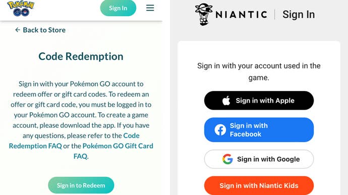 The websites used to sign in and redeem Pokemon Go codes.