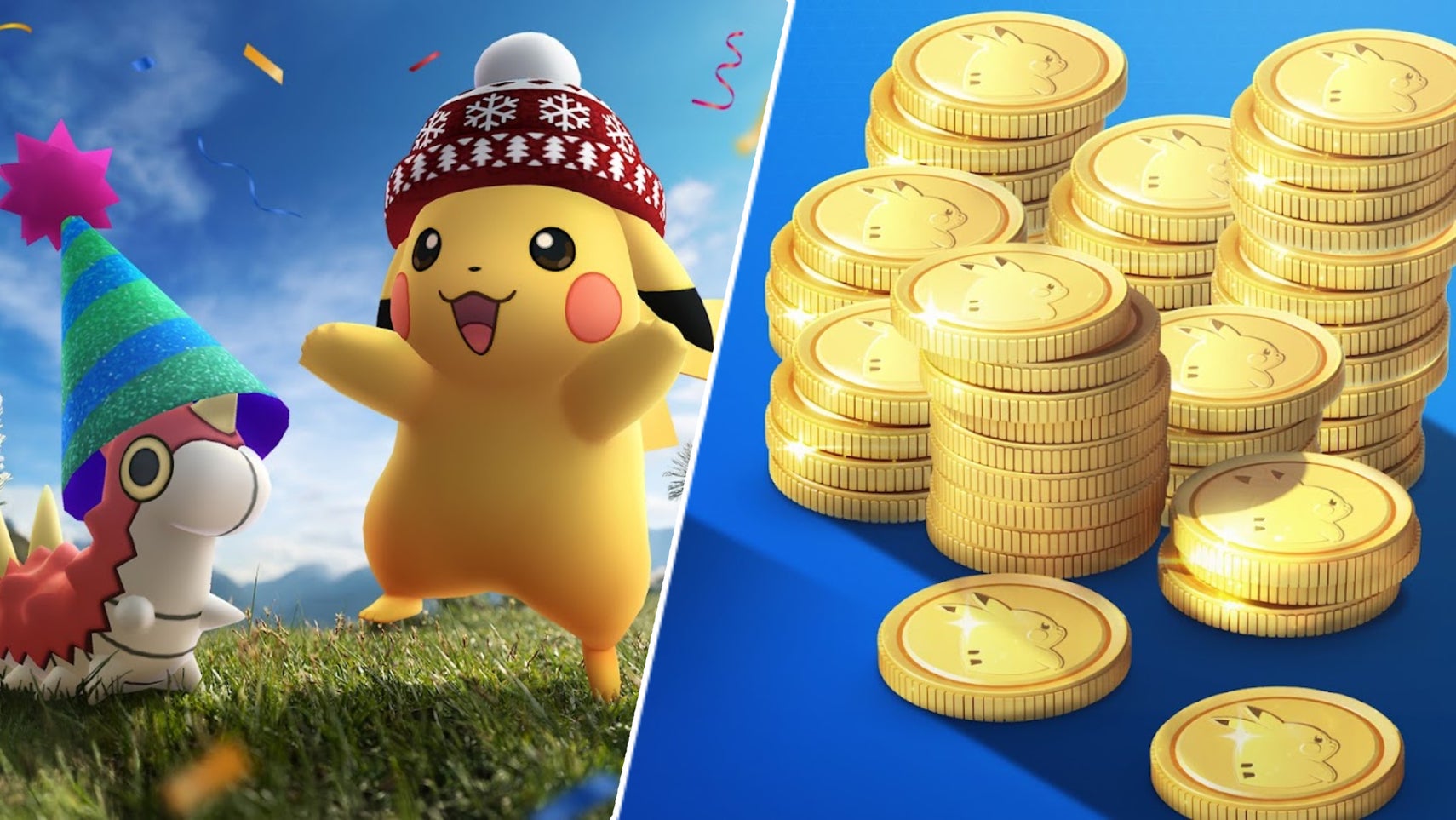Pikachu and another Pokemon in Pokemon Go, opposite a pile of Pokecoins. - 1