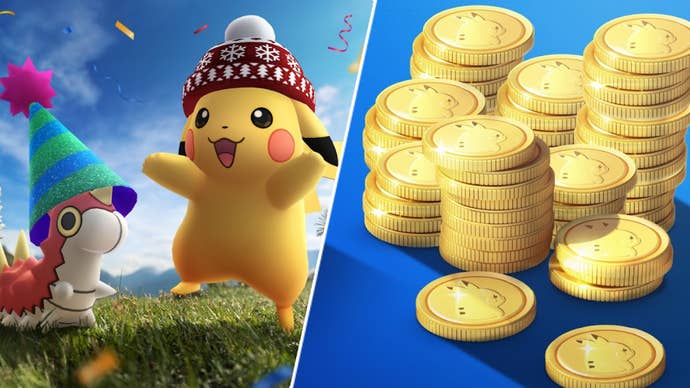 Pikachu and another Pokemon in Pokemon Go, opposite a pile of Pokecoins.
