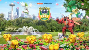 Buzzwole, Combee and Shaymin frolic in a fountain at Pokemon Go Fest 2022 in Seattle