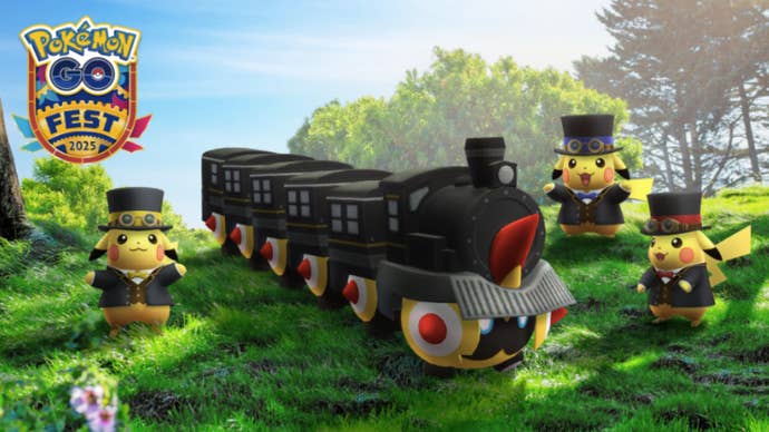 pokemon go fest 2025 train conductor falinks red yellow blue accent dapper pikachu