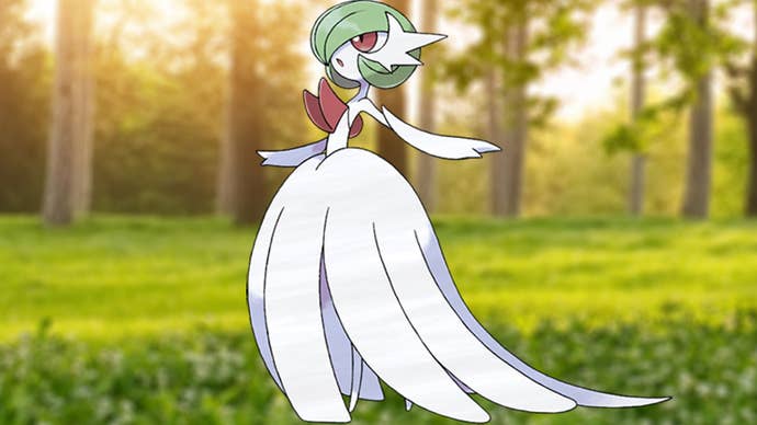 Pokemon Go, Mega Gardevoir is in a forest environment.