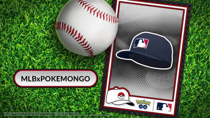 Pokemon Go X MLB Artwork mostrando uma tampa da marca MLB com o código mlbxpokemongo.