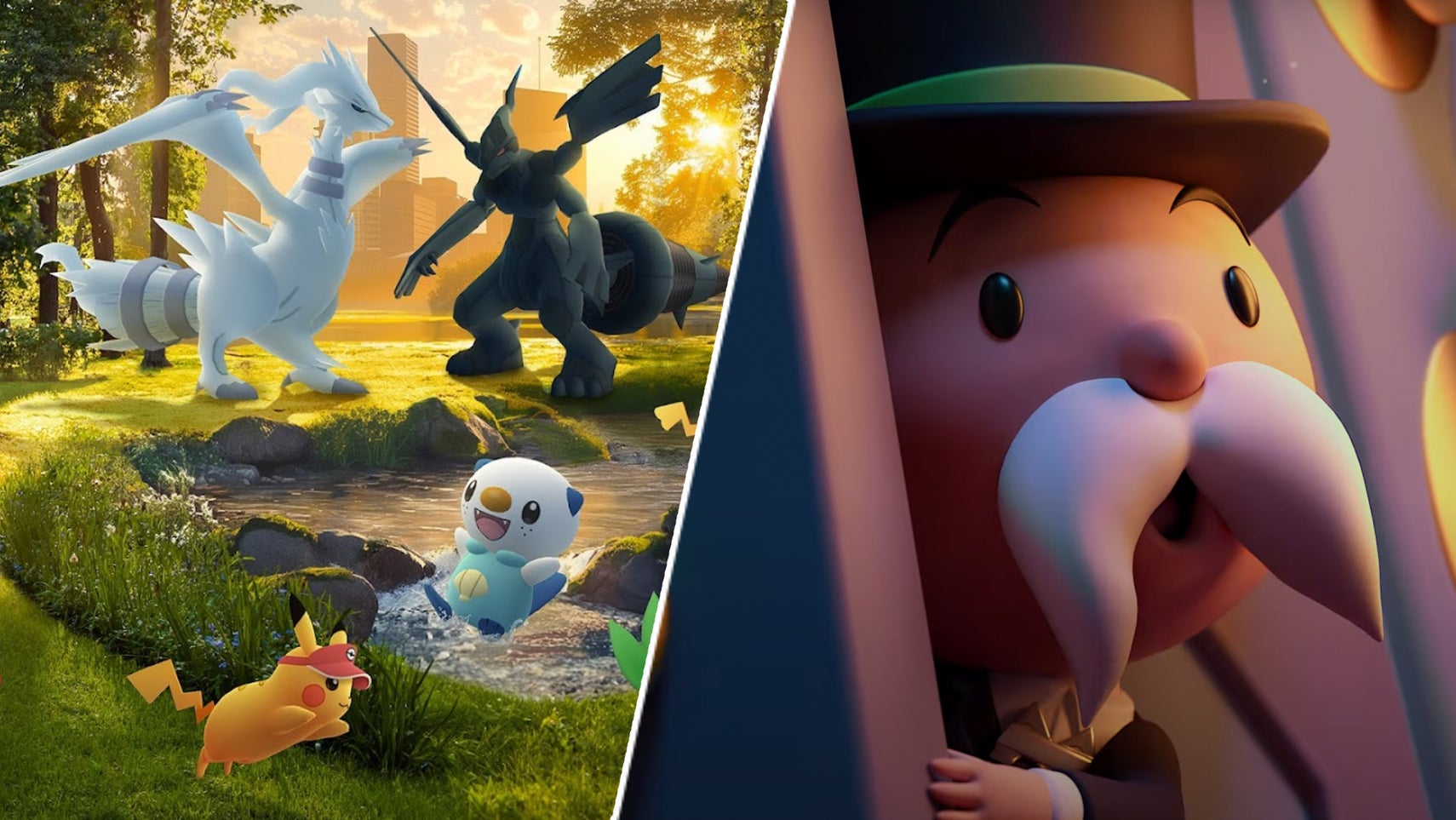 The Monopoly Man making a poggers face in Monopoly Go opposite some Pokemon in Pokemon Go. - 1