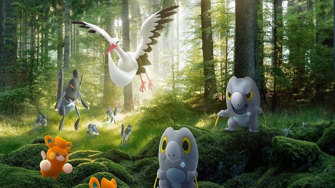 Artwork for Pokemon Go’s Paldea update showing a group of Nymble, Lokix, Pawmi, Bombirdier, and Frigibax gathering in a sun-dappled forest.