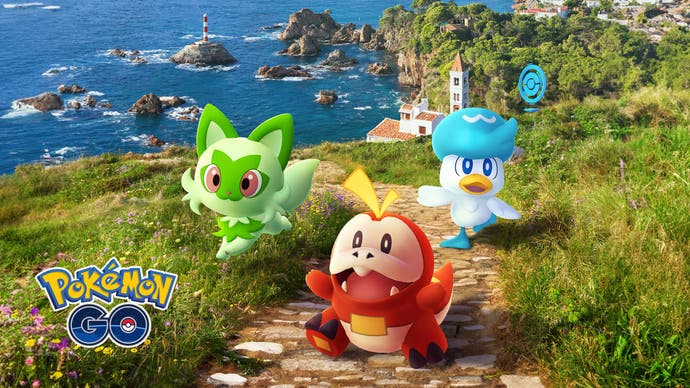 Pokémon Go's Paldea event image showing the region's Starter Pokémon.