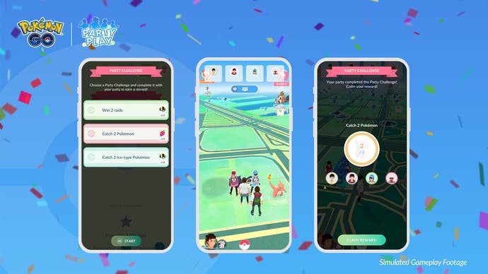 Pokémon Go Party Play screenshots showing the game's new mission choosing menu when a host player creates a group.