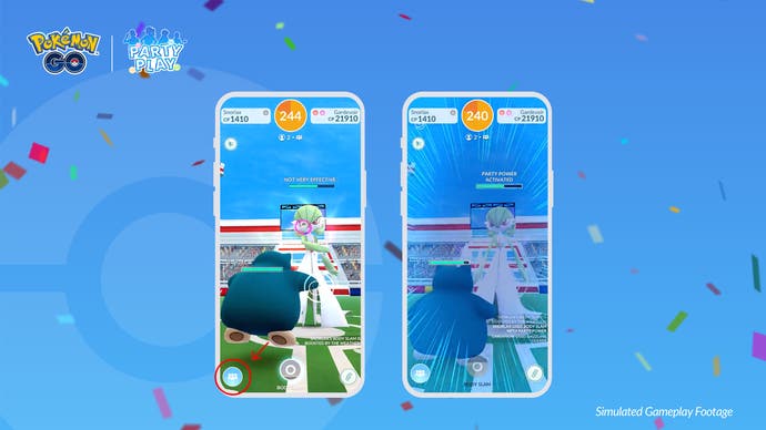 Pokémon Go Party Play screenshots showing the game's new raid battle bonus, with screen effects showing increased damage while playing together.