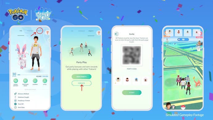 Pokémon Go Party Play screenshots showing how you can swipe into the new Party menu and share a QR code to bring nearby friends into your game.