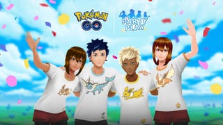 Pokémon Go Party Play artwork showing four character avatars waving at the camera wearing Eeveelution T-shirts.