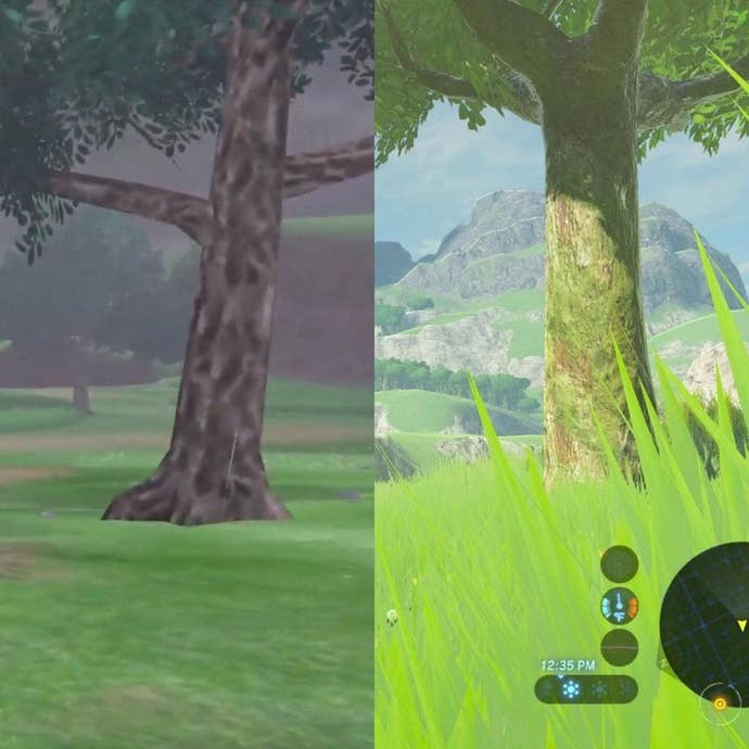 Image of a tree from Pokémon Sword and Shield’s Wild Area, and a tree from BOTW, side-by-side, with Pokémon’s considerably worse.