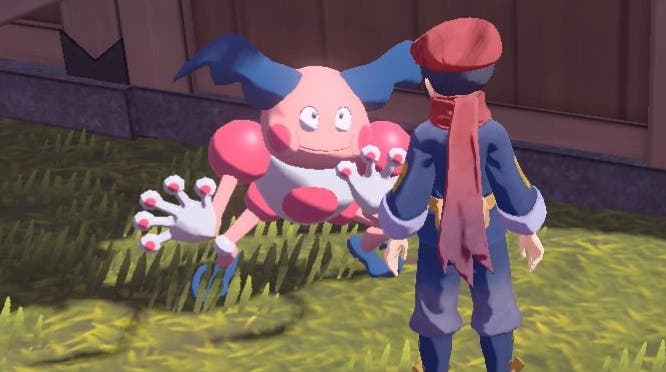 The player character in Pokemon Legends Arceus standing in front of a Mr. Mime.