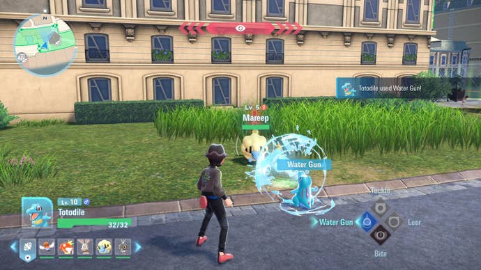 Pokémon Legends Z-A official screenshot showing your Totodile battling a Mareep in a wild zone
