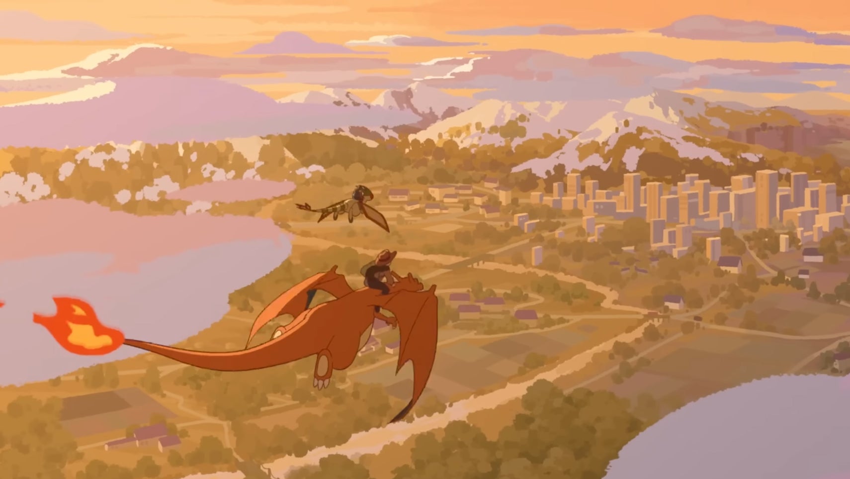 A person riding a Charizard, and another person riding a Flygon, flying above a wooded landscape, approaching a city. - 1
