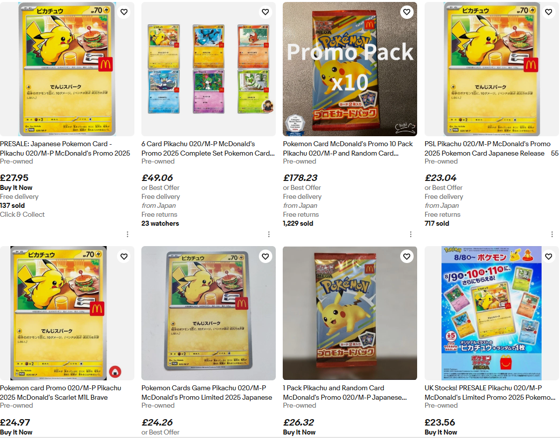 Screenshot of eBay showing Japanese Pikachu Pokemon card being sold by scalpers
