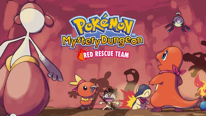Key art for Pokemon Mystery Dungeon: Red Rescue Team showing various Pokemon in a cave.