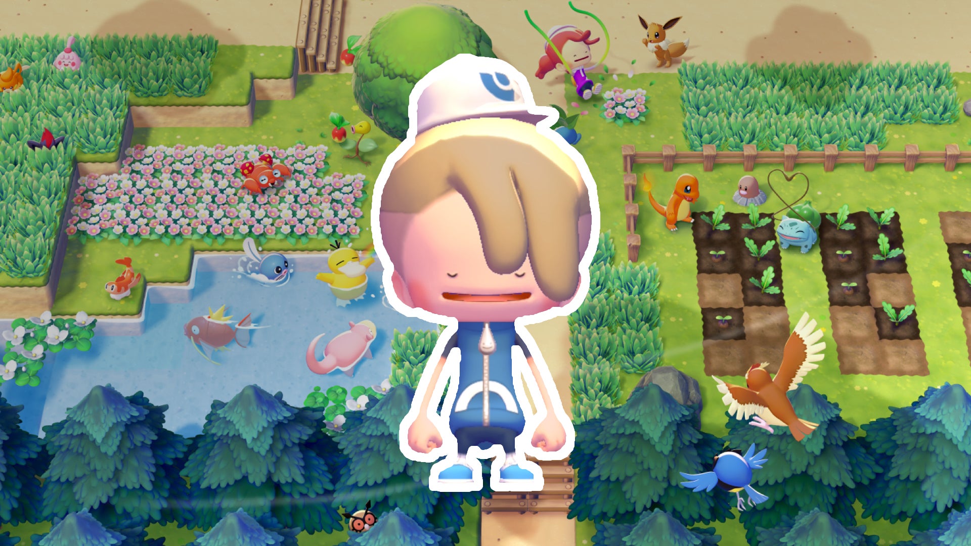 Top-down view of Pokémon Pokopia's colourful world full of roving Pokémon, with a beaming humanoid Ditto superimposed on top.