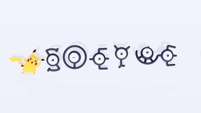 Pikachu hangs out with six Unown during Pokémon Presents 2024