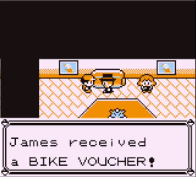 Red receiving the bike voucher from the fan club president in Pokemon Red.