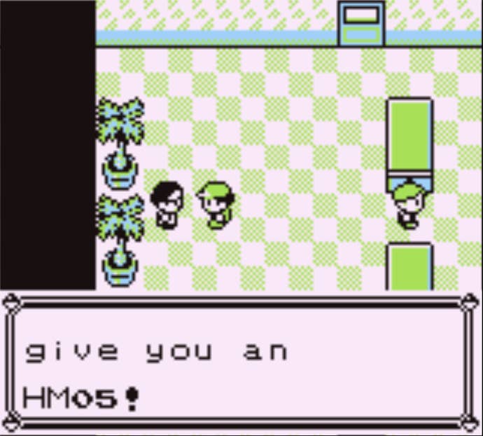 Red receiving HM 05 Flash from Professor Oak's Aide in Pokemon Red.