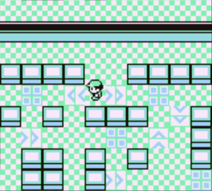 Red riding a spinning floor tile in the Rocket Game Corner in Pokemon Red.