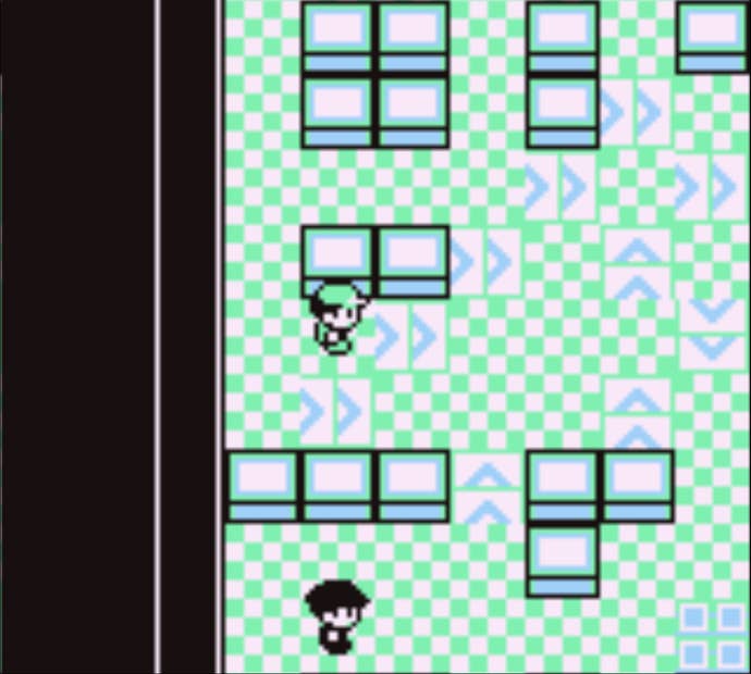 Red solving a spinning floor tile puzzle in Pokemon Red.