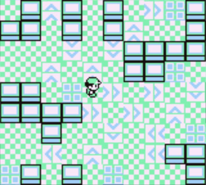 Red navigating a mess of spinning floor tiles in the Rocket Game Corner in Pokemon Red.