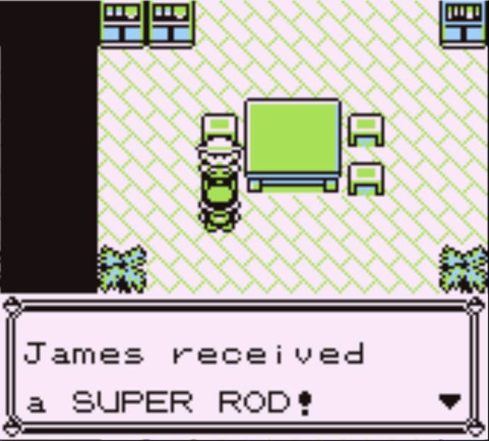 Red receiving the Super Rod from the Fishing Guru in Pokemon Red.