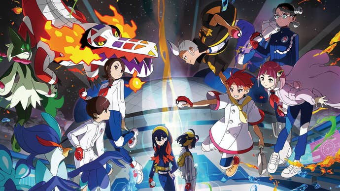 Pokemon Scarlet and Violet key art showing several trainers and Pokemon all facing off against each other.