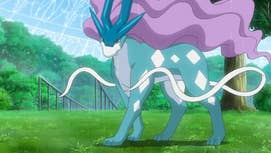 Suicune stood in a grassy area in the Pokemon anime.