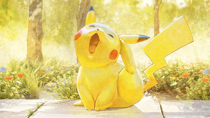 A Pikachu sat yawning, scratching its head with one of its back feet.