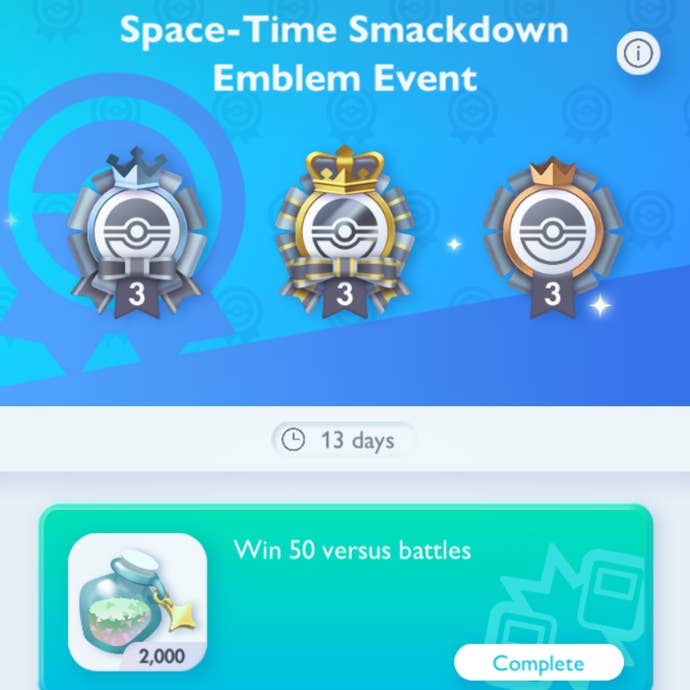 cropped Pokémon TCG Pocket screenshot showing the completed Space-Time Smackdown Emblem event challenge to win 50 versus battles