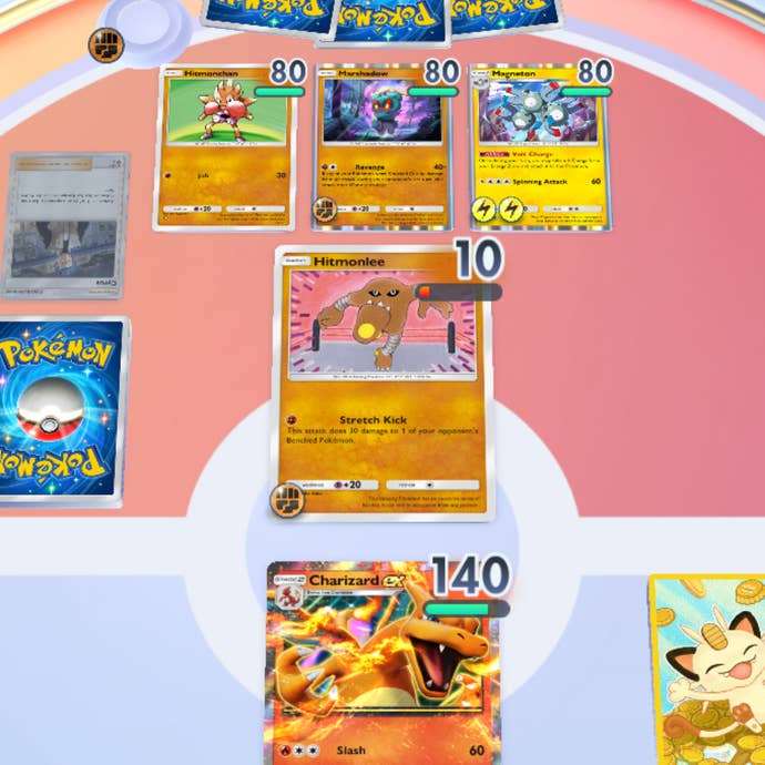 cropped Pokémon TCG Pocket screenshot showing my Charizard EX against an opponent’s Hitmonlee, with Cyrus in their discard pile