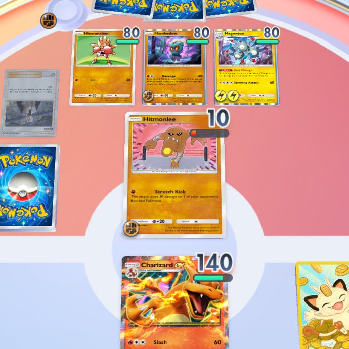 cropped Pokémon TCG Pocket screenshot showing my Charizard EX against an opponent's Hitmonlee, with Cyrus in their discard pile