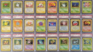 A collage of Pokémon TCG cards from the Fossil set in sealed singles cases as part of an auction item.