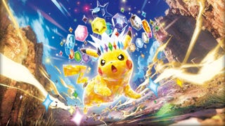A Pikachu running through a canyon, multiple crystals hanging above its head like a crown.
