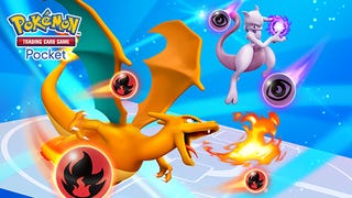 A fire-breathing Charizard battling Mewtwo while fire and psychic energy symbols fly around them.