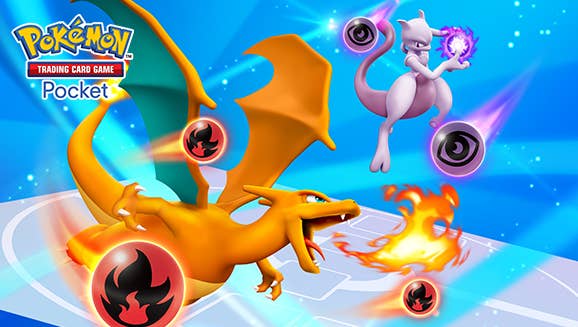 A fire-breathing Charizard battling Mewtwo while fire and psychic energy symbols fly around them.