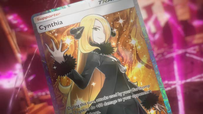 A digital trading card of Cynthia from Pokemon Diamond and Pearl.