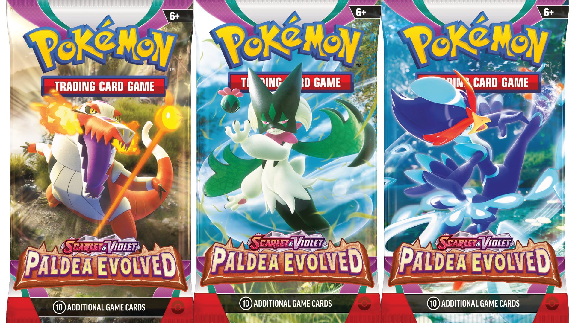 Official Pokémon TCG Scarlet & Violet Paldea Evolved booster packs featuring starter evolutions