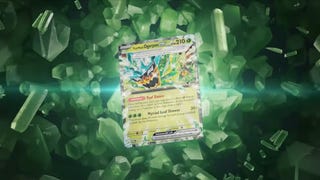 Card art for Ogrepon's Grass type Tera ex from Pokemon TCG's Twilight Masquerade expansion