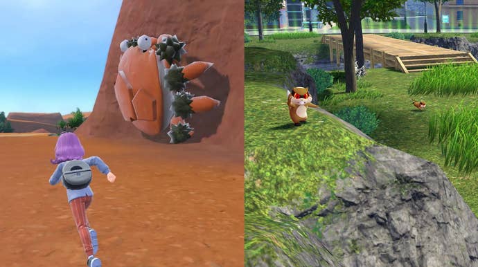 Splicing of two screenshots, on the left one of a flat muddy area in Scarlet and Violet. Right, a screenshot of low-spec environments in Legends Z-A.