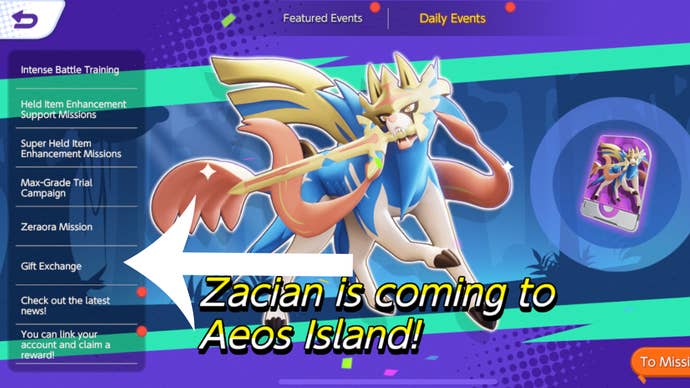 An in-game screenshot of Pokemon Unite showing where to click to redeem a gift code.