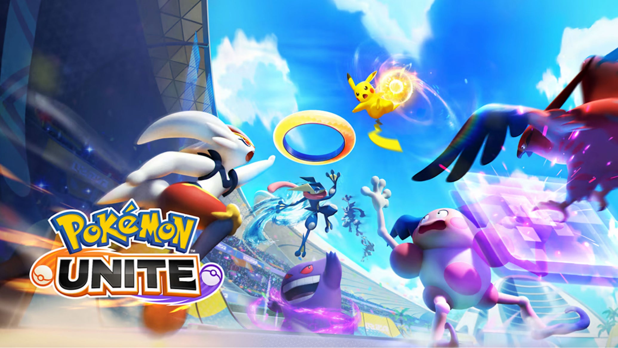 Artwork for Pokemon Unite showing characters like Pikachu, Gengar and Mr Mime facing off in a frenetic battle. - 1